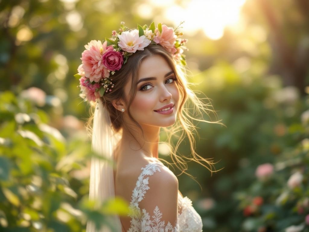 Bride wearing a floral crown with pink roses in a garden setting