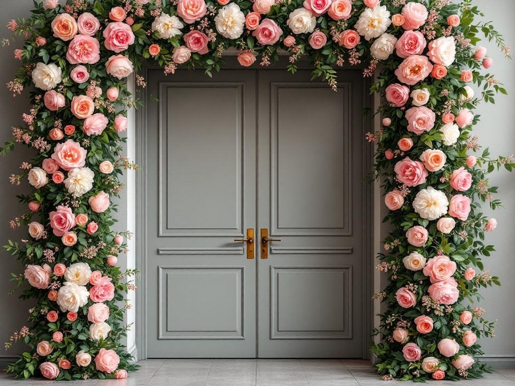 A door framed with an arrangement of pink and white flowers, creating a romantic entryway.