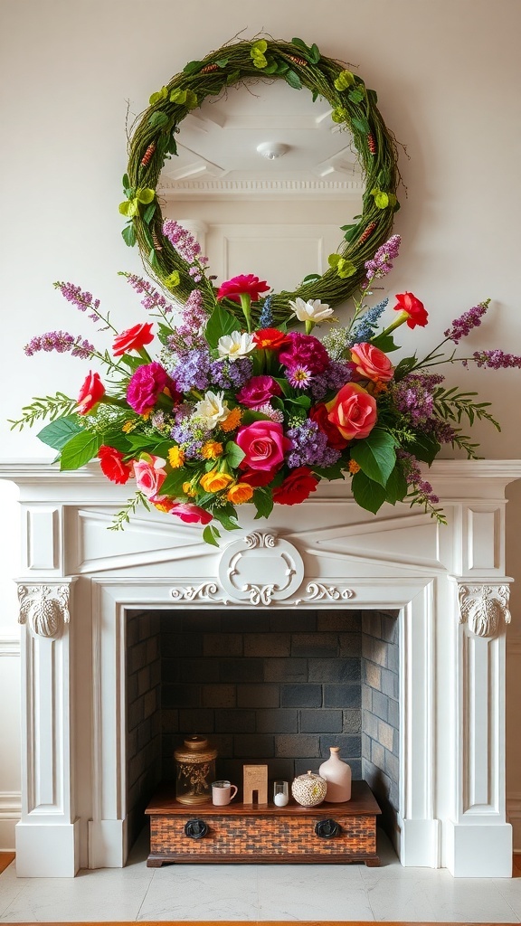 A beautifully decorated mantel with a vibrant floral arrangement and a natural wreath above a mirror.