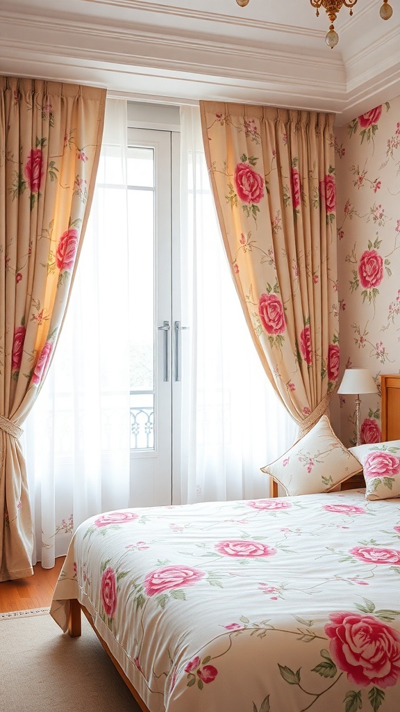 A chic bedroom featuring floral patterns in soft pink hues on bedding and curtains.