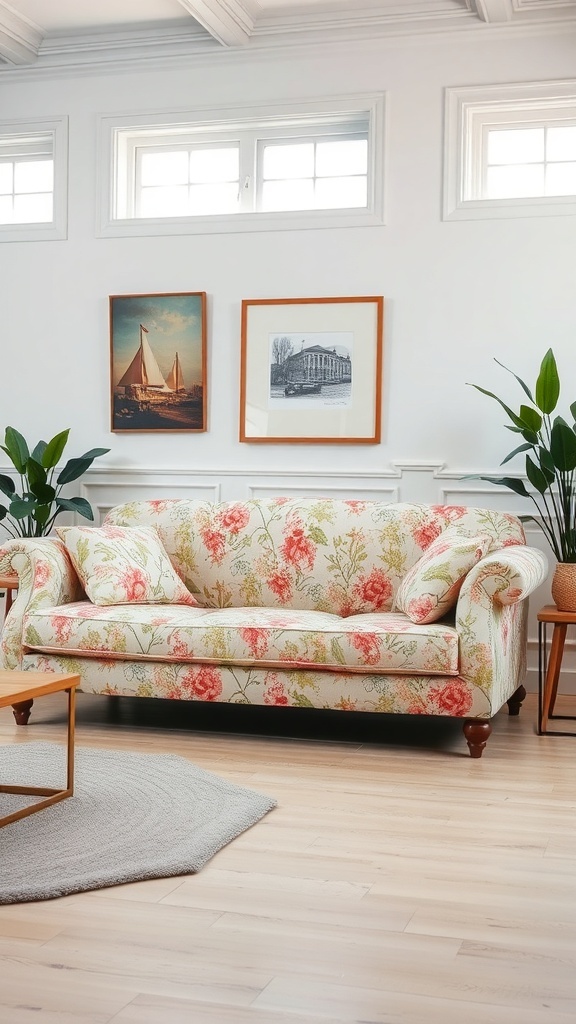 A floral upholstered sofa in a bright living room with framed art and plants.