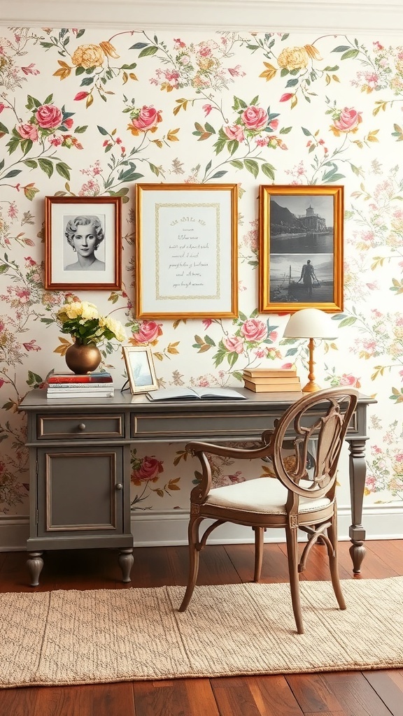 A stylish home office featuring floral wallpaper, a classic desk, and decorative frames.