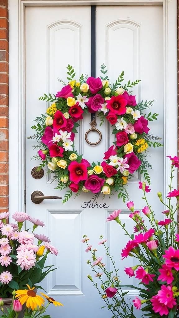 A vibrant floral wreath on a white door with pink and yellow flowers in pots at the base.