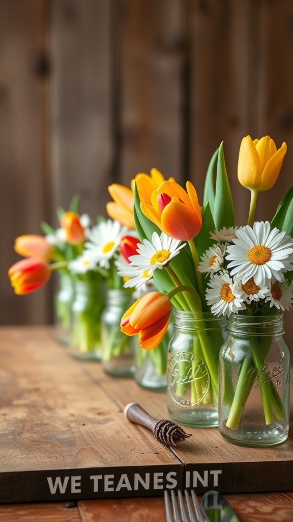 Mason jars filled with colorful tulips and daisies on a wooden table.