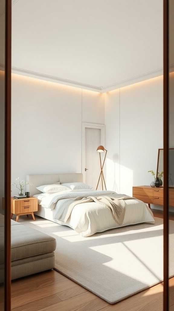 A serene bedroom featuring soft, flowing furniture lines and natural light.