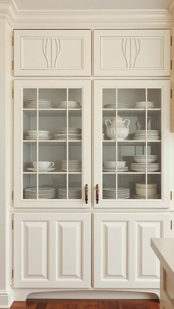 Cabinet with fluted glass doors displaying white dishes and warm wood accents.