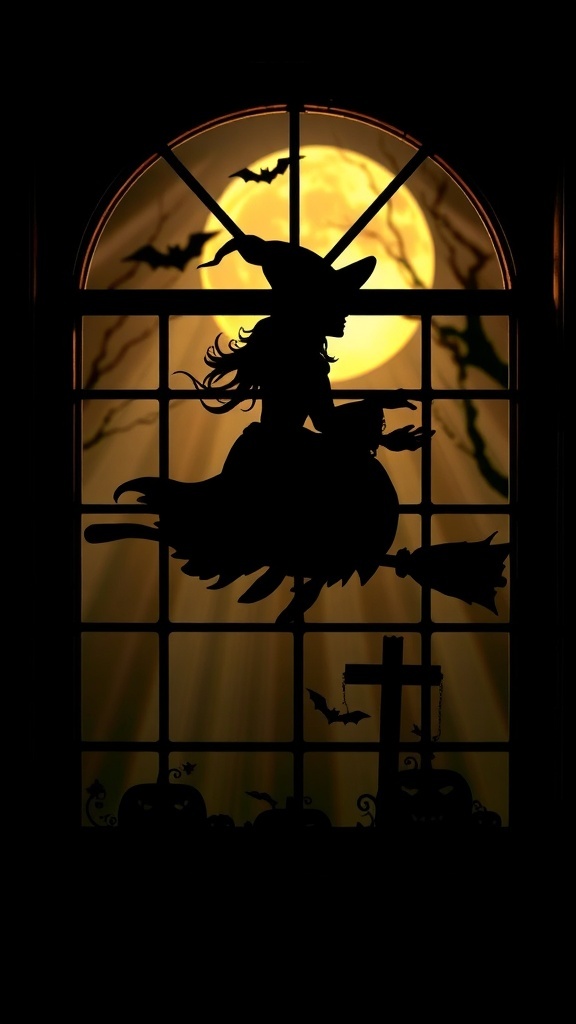 Silhouette of a flying witch on a broom against a glowing window