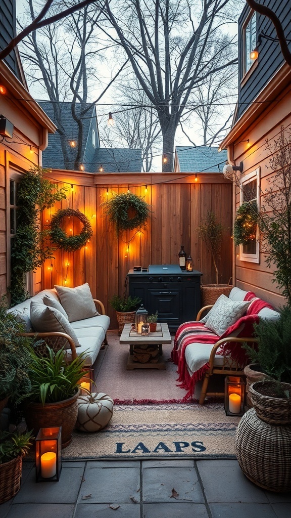 Cozy small backyard with comfortable seating, warm lighting, and potted plants.
