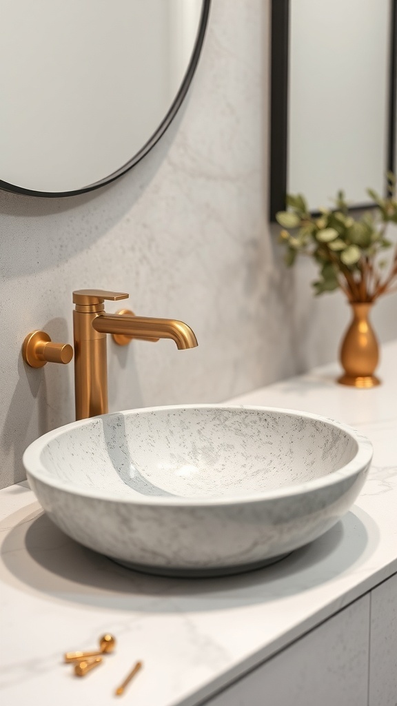 A stylish powder room featuring a stone vessel sink with a gold faucet and a round mirror.