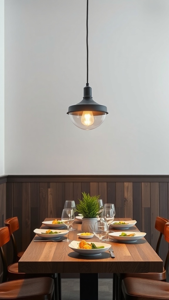A modern dining table set with plates and glasses, illuminated by a black pendant light.