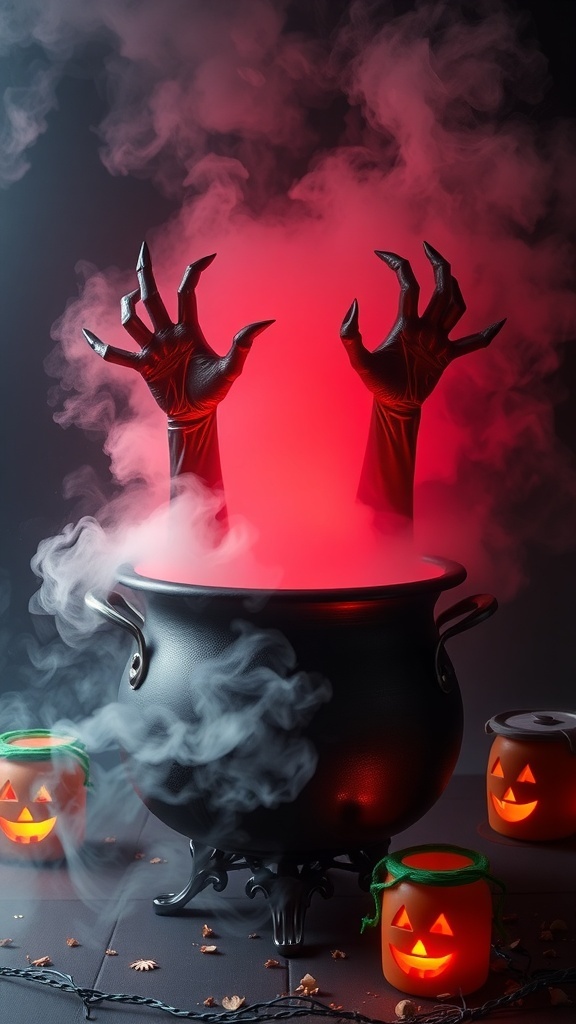 Creepy devil hands emerging from a foggy cauldron with glowing red tips, surrounded by Halloween-themed decorations.