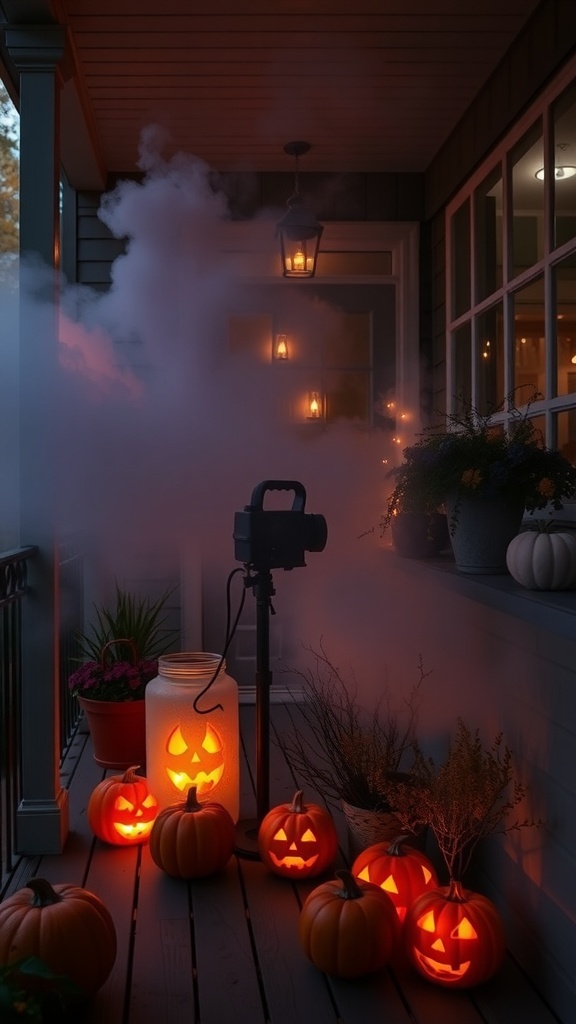 A Halloween balcony decorated with pumpkins and a fog machine creating a spooky atmosphere.