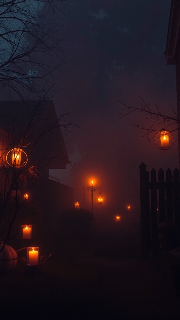 A foggy yard illuminated by glowing lanterns, creating a spooky Halloween atmosphere.
