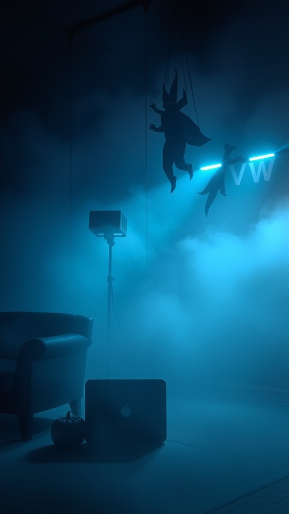 A spooky scene with fog, moody lighting, and shadowy figures