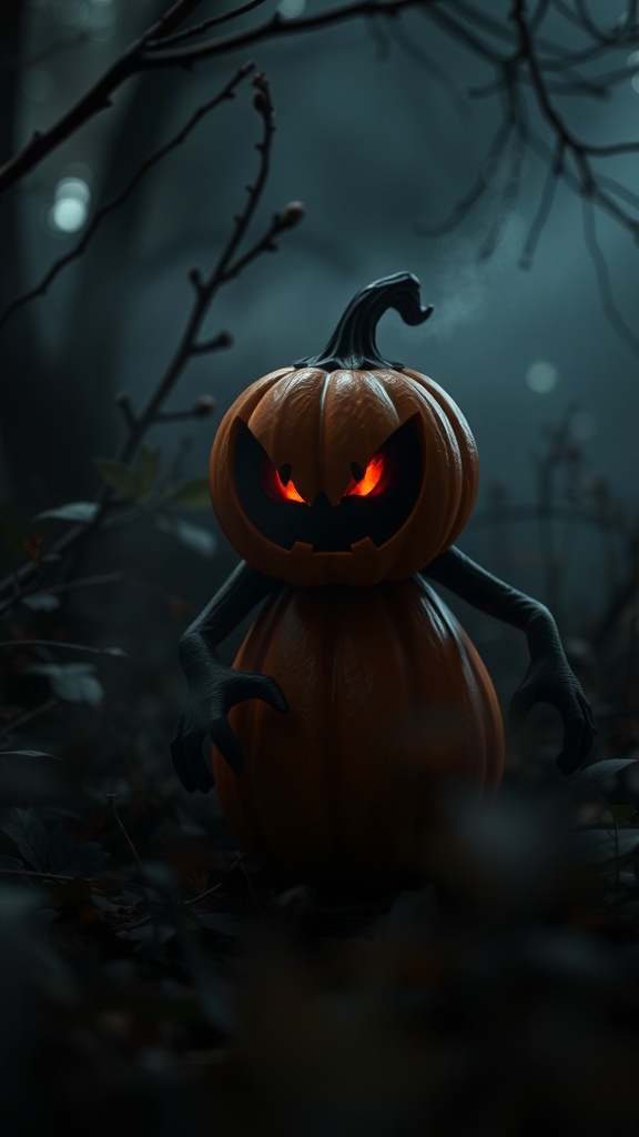 A spooky pumpkin head ornament with glowing eyes in a foggy swamp setting.