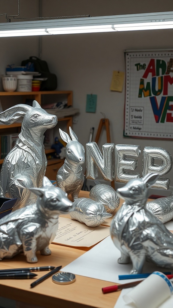 A collection of foil-wrapped sculptures including animals and a shiny word sculpture on a table.