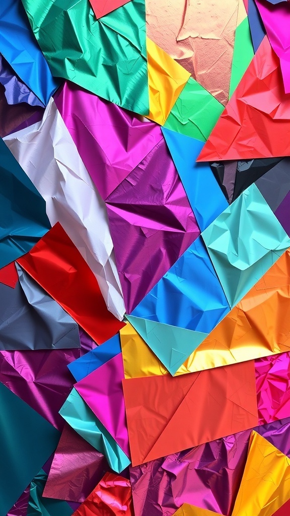 Colorful crinkled foil sheets arranged in a collage
