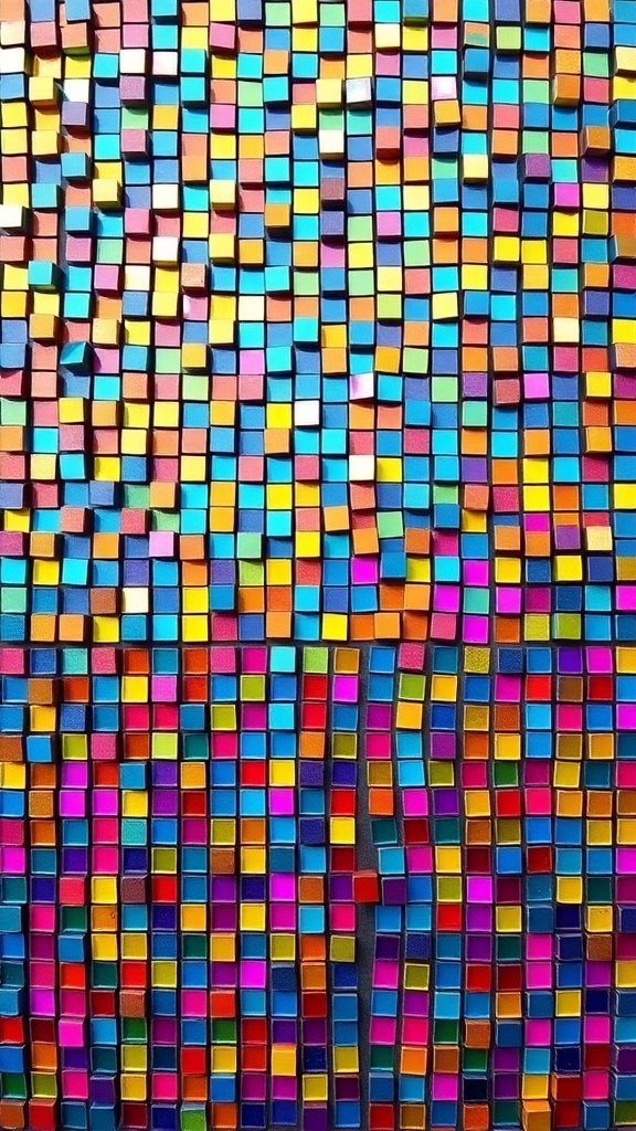 A colorful mosaic made of small squares in various shades, showcasing a vibrant pattern.