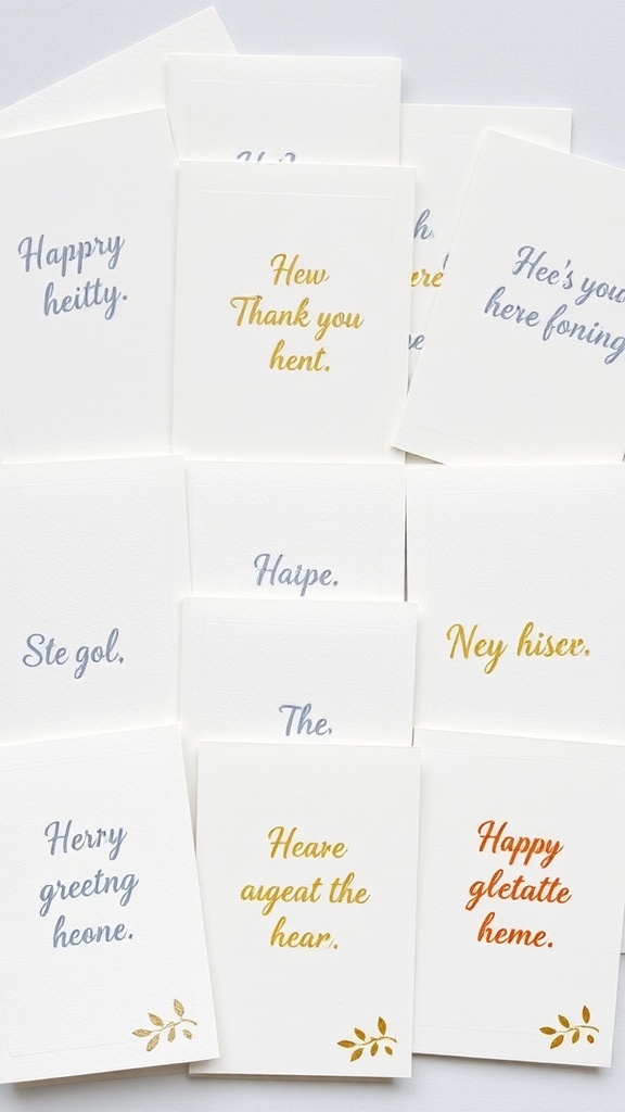 A collection of foil print greeting cards with various phrases in gold and blue lettering.