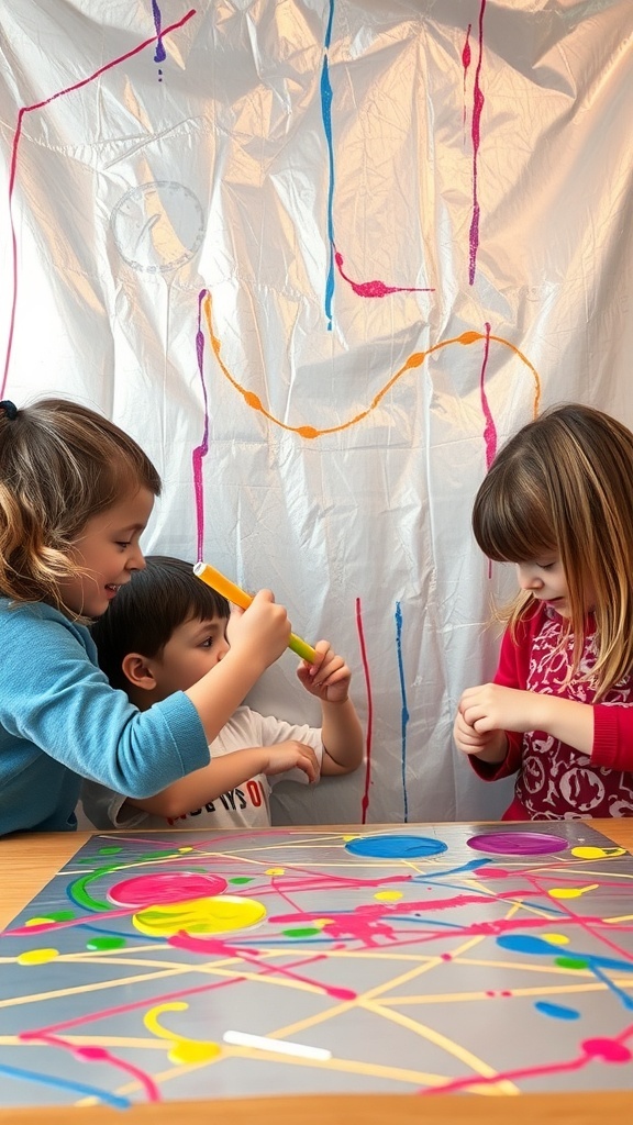 Three children engaged in foil scratch art, with colorful paints and tools.