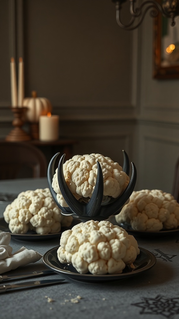 Cauliflower arranged to resemble brains on a dark plate for Halloween decoration.