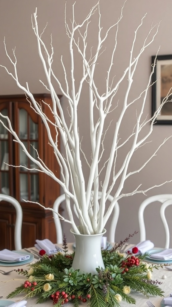 A white-painted branch centerpiece in a vase, surrounded by a wreath of greenery and berries.