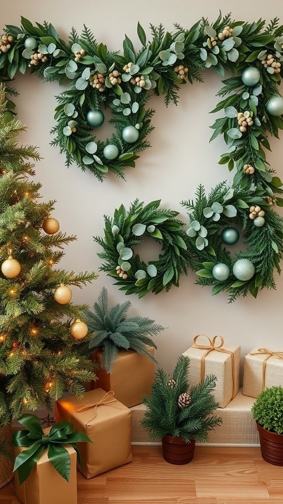 A cozy Christmas corner featuring forest green and eucalyptus wreaths, a decorated tree, and wrapped gifts.