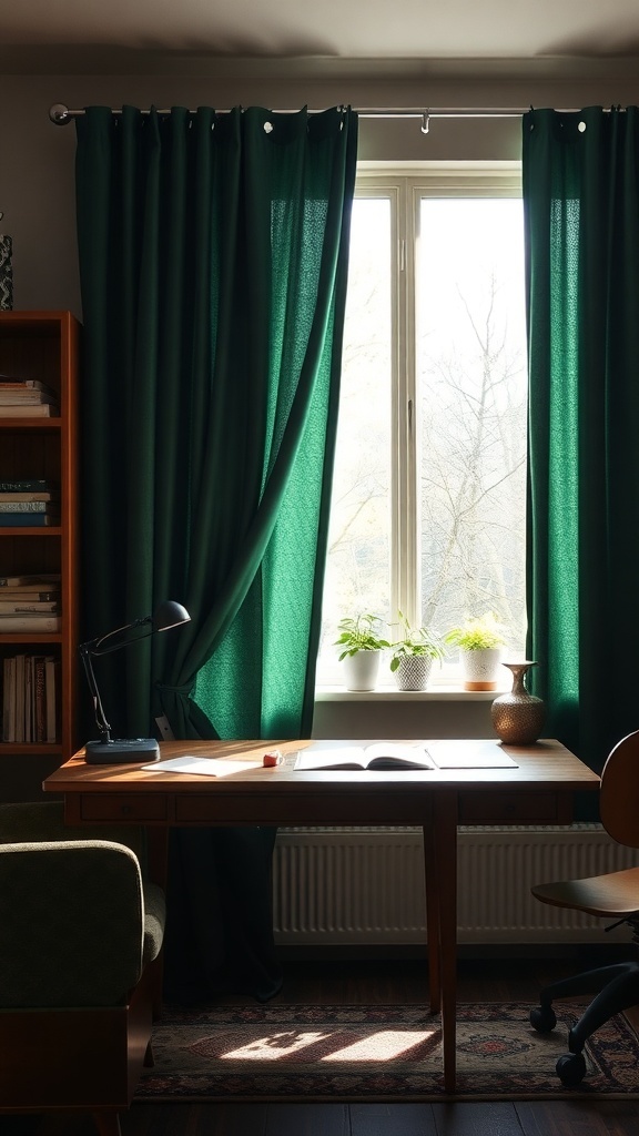 A cozy home office with forest green curtains, a wooden desk, and natural light filtering through the window.