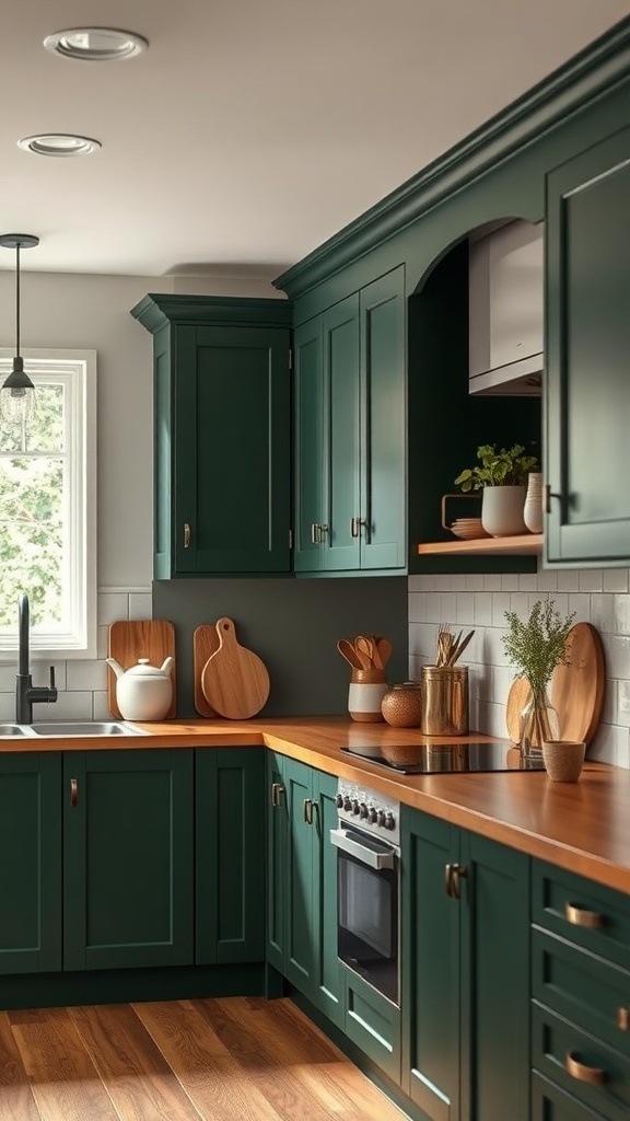 A modern kitchen featuring forest green matte cabinets with wood accents, showcasing a stylish and contemporary design.