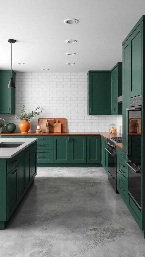 A modern kitchen featuring forest green cabinets, light gray flooring, and wooden accents.