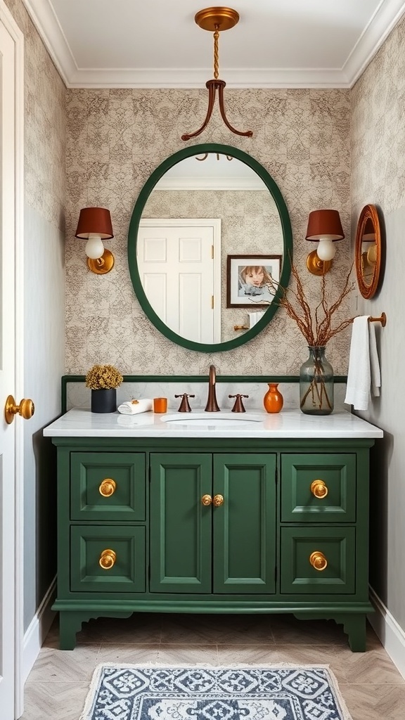 A stylish bathroom featuring a forest green vanity with brass accents and a marble countertop.