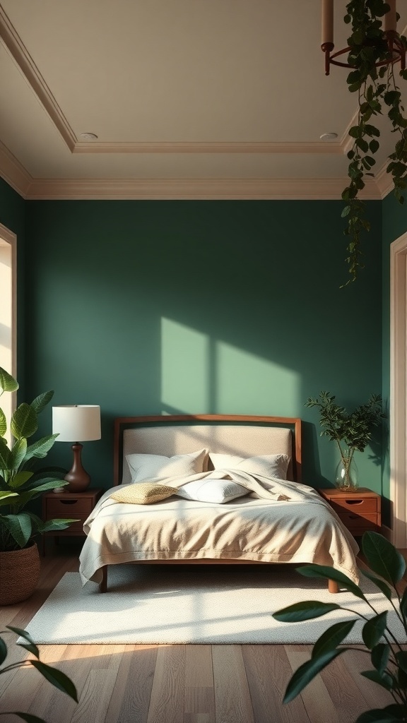 A cozy bedroom featuring forest green walls and soft beige trim, with a wooden bed and plants.