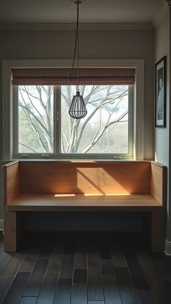 A wooden bench by a window with no back support, emphasizing the importance of comfort in breakfast nook seating.