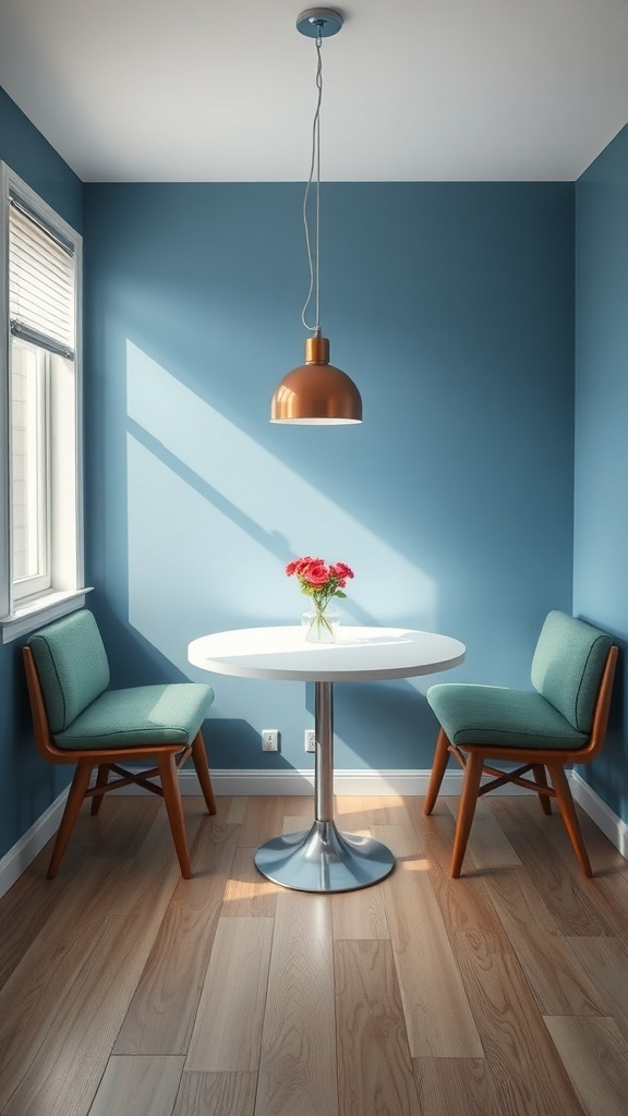 Cozy breakfast nook with a round table and two movable chairs, featuring a flower vase and a warm atmosphere.