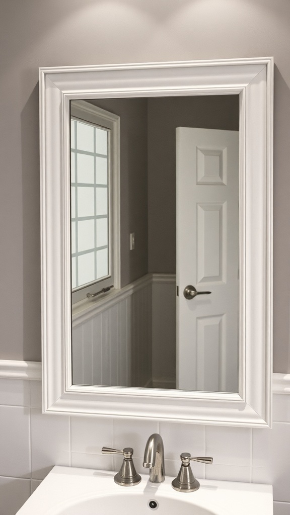 A beautifully framed bathroom mirror with a white frame against a gray wall.