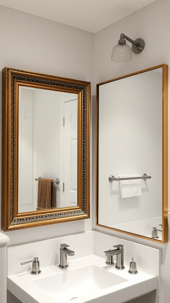 A bathroom featuring a framed mirror on the left and a frameless mirror on the right, showcasing different styles.