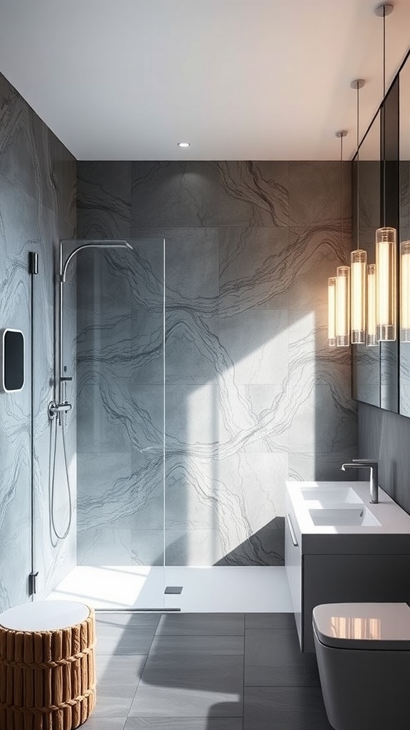 A modern bathroom featuring a frameless glass shower door, sleek fixtures, and a minimalist design.