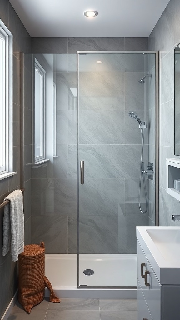 A modern small bathroom featuring a frameless glass shower enclosure with gray tiles and natural light.