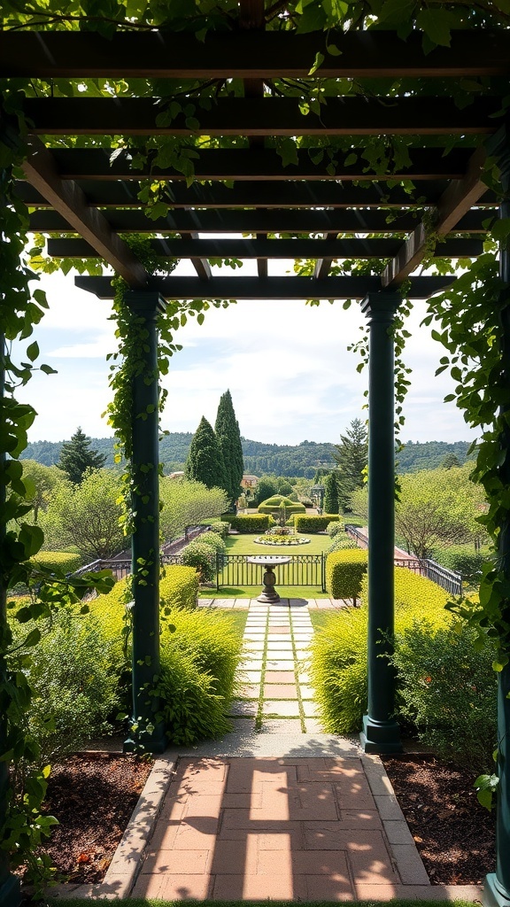 A pergola framed with greenery, leading to a beautiful garden view.