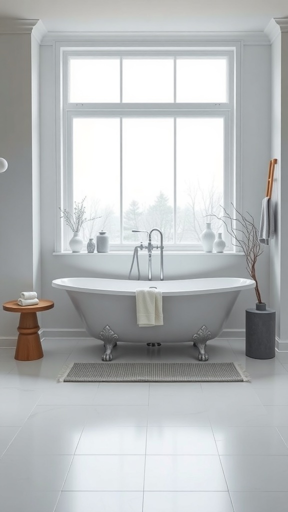 A cozy Scandinavian bathroom featuring a freestanding white bathtub, large window, and minimalist decor.