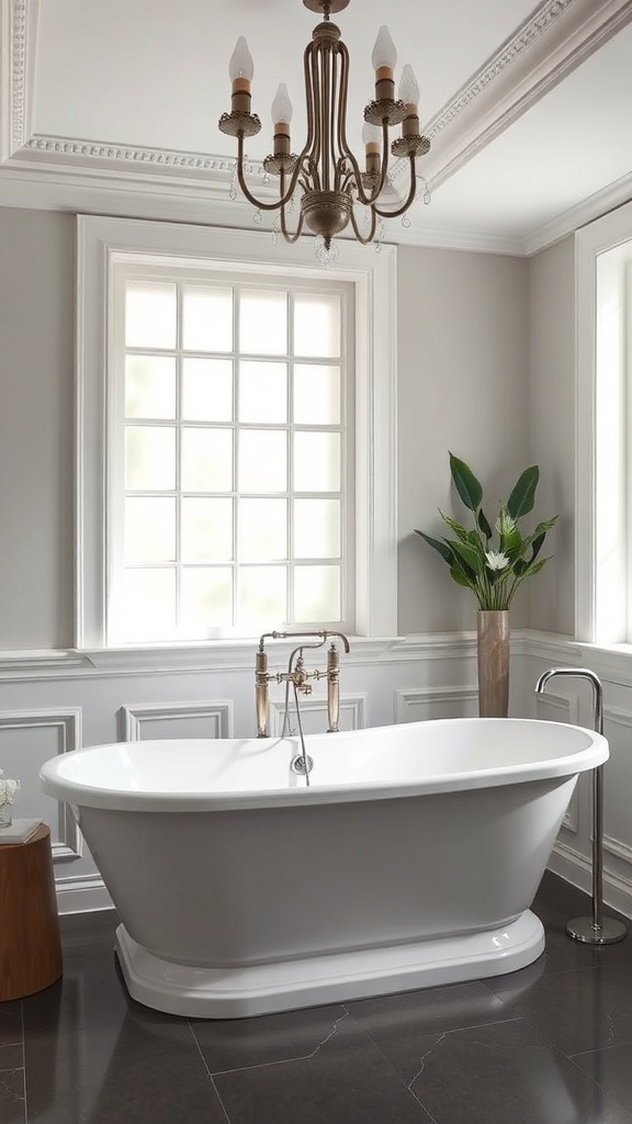A stylish freestanding bathtub in a modern bathroom, complemented by a chandelier and natural light.