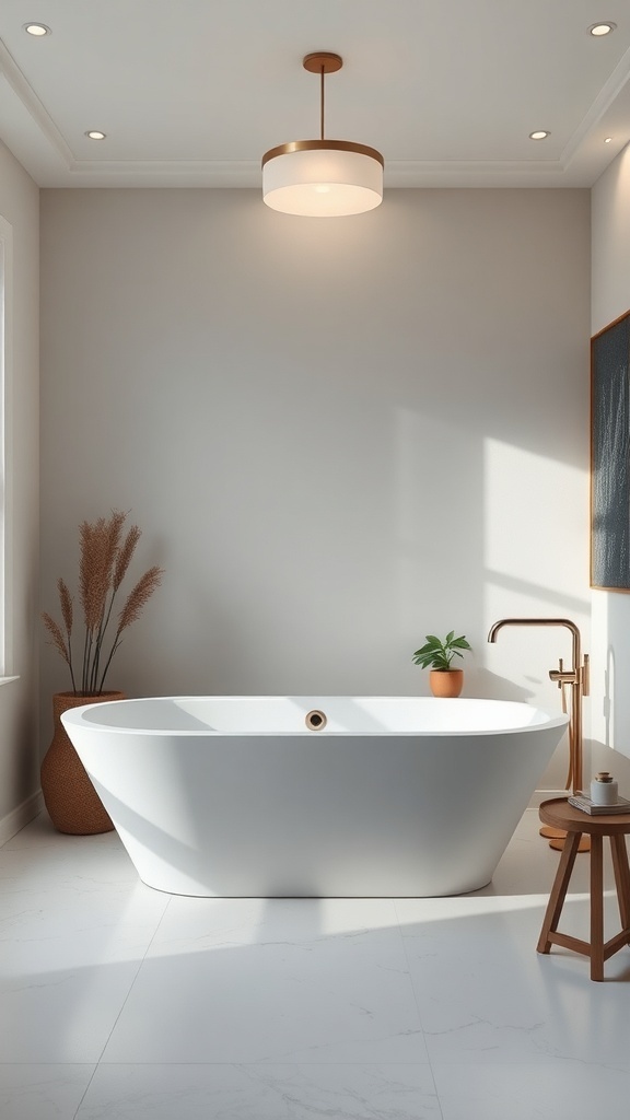 Luxurious modern bathroom featuring a freestanding soaking tub, marble-effect walls and floors, and gold fixtures.