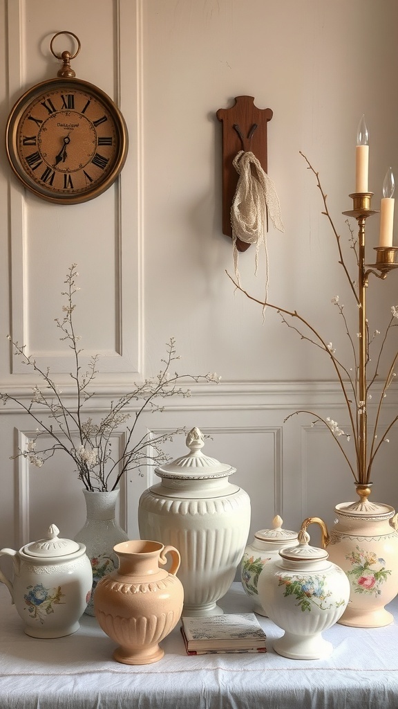 A collection of vintage ceramic vases and urns in soft tones, with a rustic clock and delicate branches, creating a cozy French country decor.