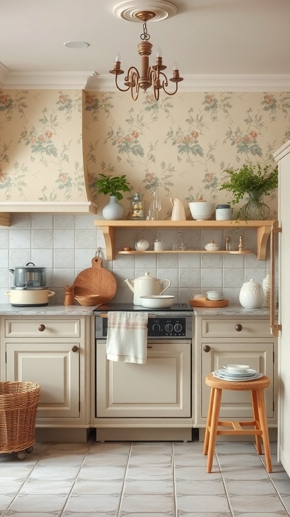 A cozy kitchen featuring French Country design with floral wallpaper, light cabinetry, and open shelving.