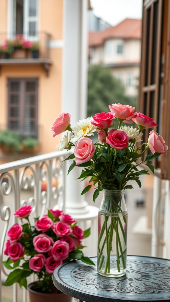 A vase of fresh pink roses and white daisies on a black bistro table, with a pot of pink roses nearby on a Parisian-style balcony.