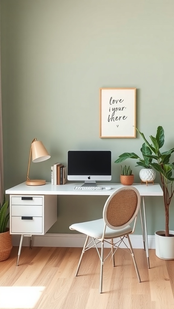 A stylish home office with a soft green wall, modern desk, and plants, creating a serene workspace.