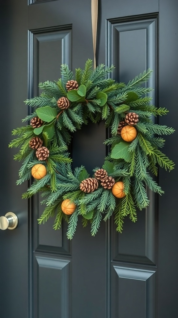 A fresh evergreen wreath adorned with pinecones and dried orange slices, hanging on a black door.