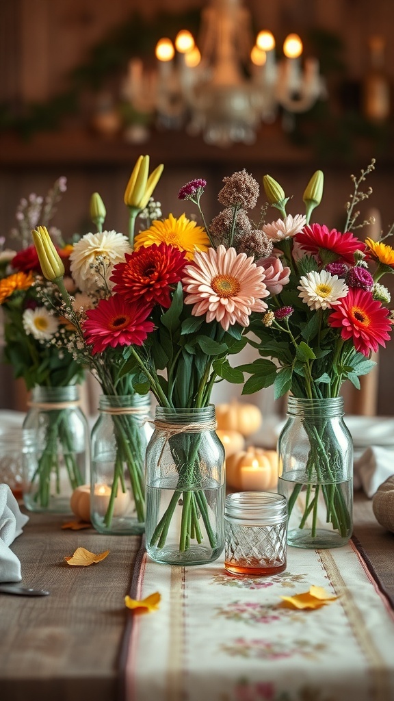 A table decorated with fresh flower bouquets in mason jars, featuring colorful blooms and a cozy atmosphere.