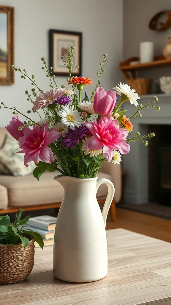 A bouquet of colorful flowers in a white ceramic jug on a wooden table.
