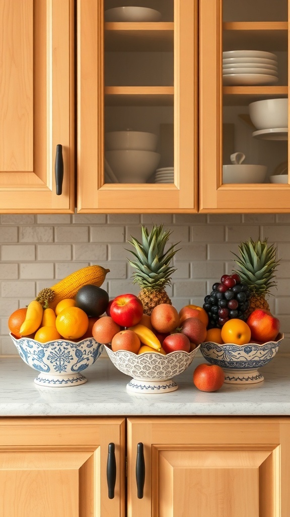 A colorful display of fruits in decorative bowls on a kitchen countertop.